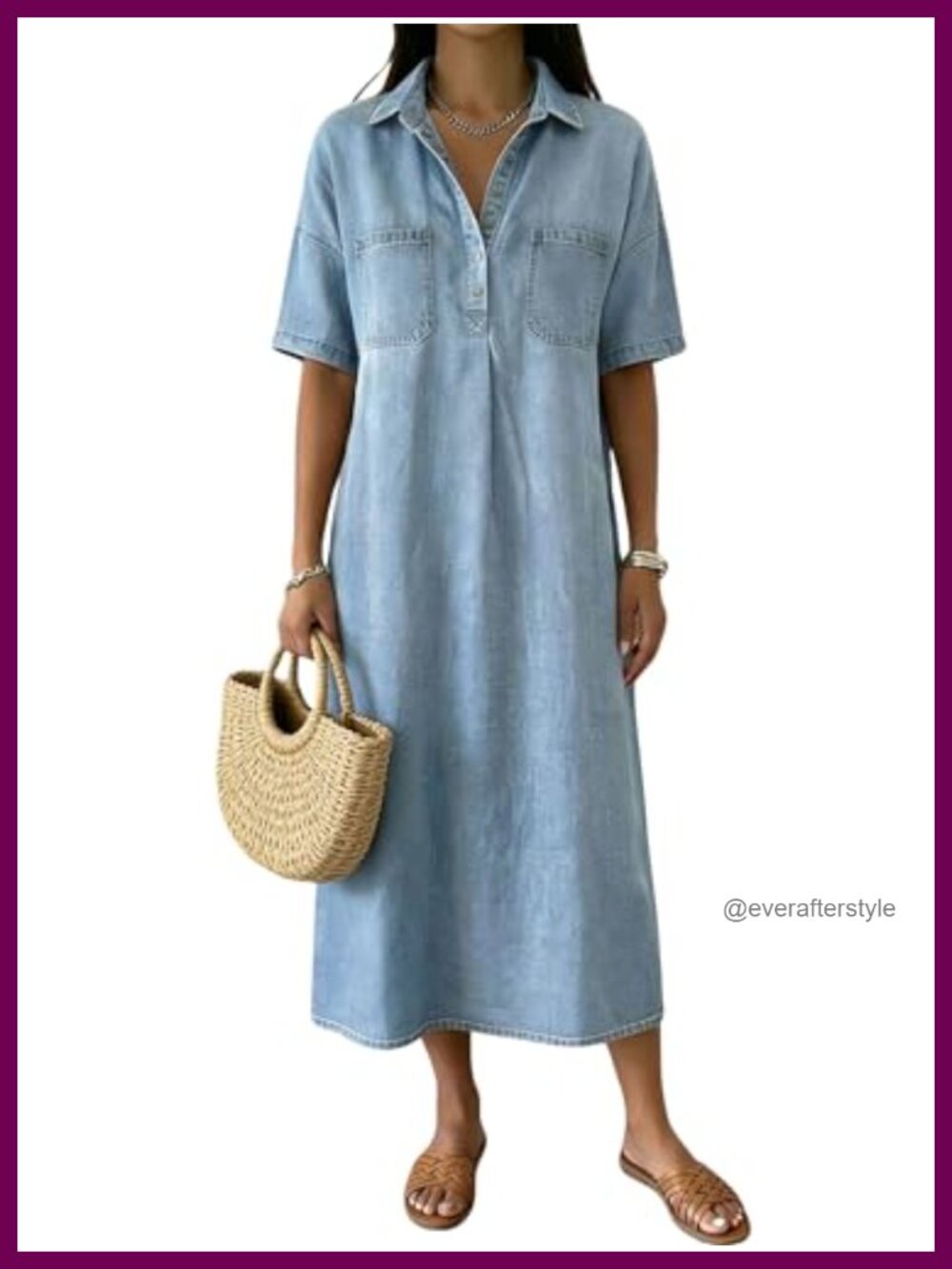 Denim Button Up Shirt Dress A-line Midi Casual Loose Fit